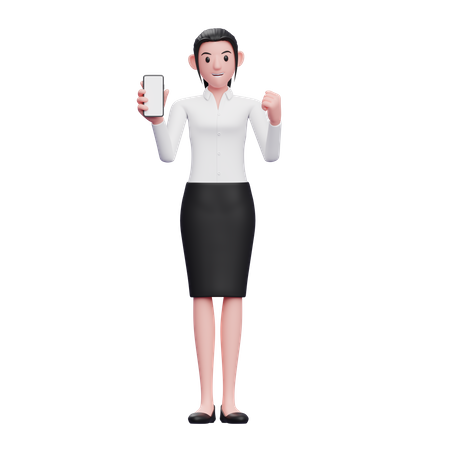 Business Woman Doing Winning Gesture while showing phone screen  3D Illustration