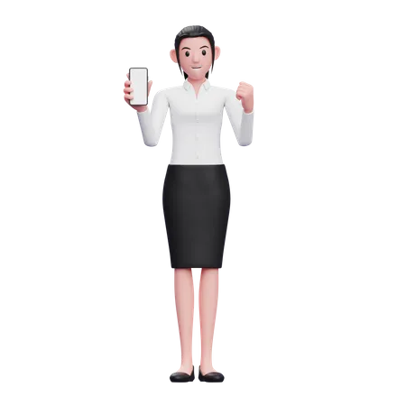 Business Woman Doing Winning Gesture while showing phone screen  3D Illustration