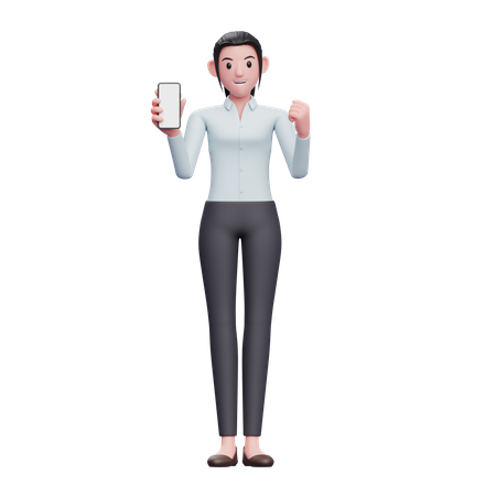 Business Woman Doing Winning Gesture while showing phone screen  3D Illustration