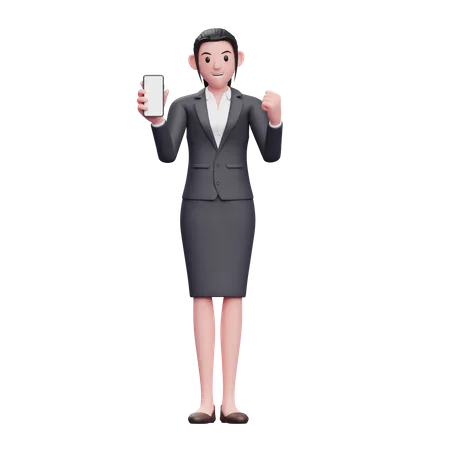 Business Woman Doing Winning Gesture while showing phone screen  3D Illustration