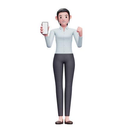 Business Woman Doing Winning Gesture while showing phone screen 3D Illustration