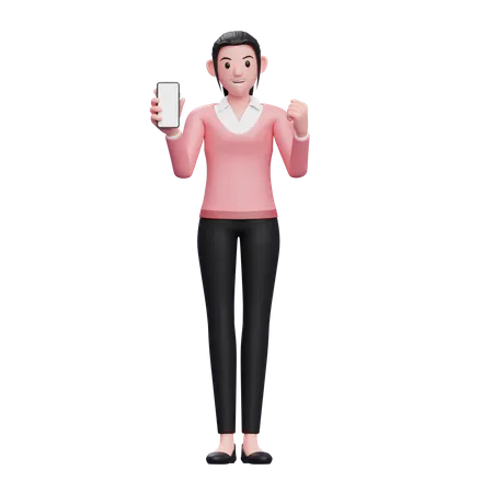 Business Woman Doing Winning Gesture while showing phone screen 3D Illustration