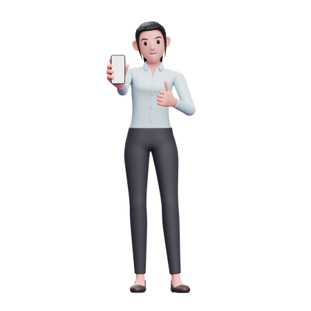 Business woman give thumbs up and showing smartphone screen  3D Icon