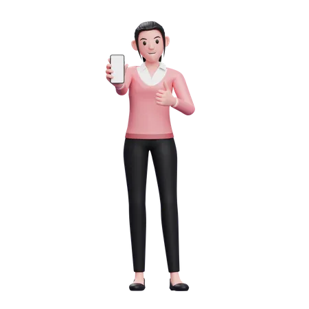 Business woman give thumbs up and showing smartphone screen  3D Illustration