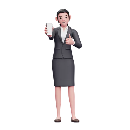 Business woman give thumbs up and showing smartphone screen  3D Illustration