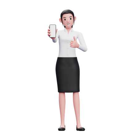 Business woman give thumbs up and showing smartphone screen  3D Illustration