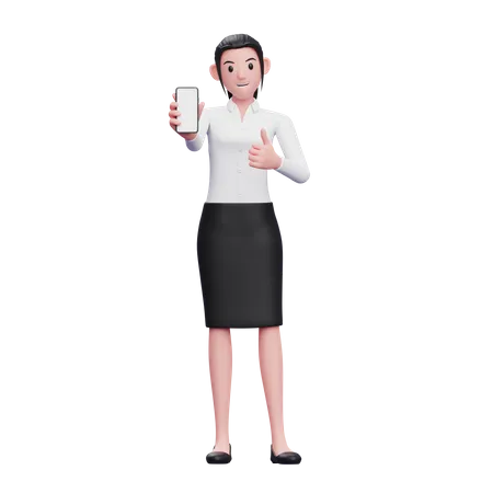 Business woman give thumbs up and showing smartphone screen  3D Illustration