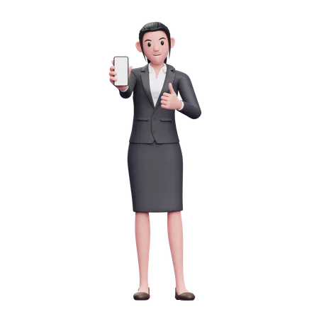 Business woman give thumbs up and showing smartphone screen 3D Illustration
