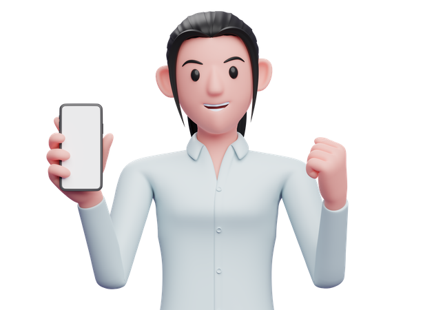 Business woman holding a cell phone while celebrating  3D Icon