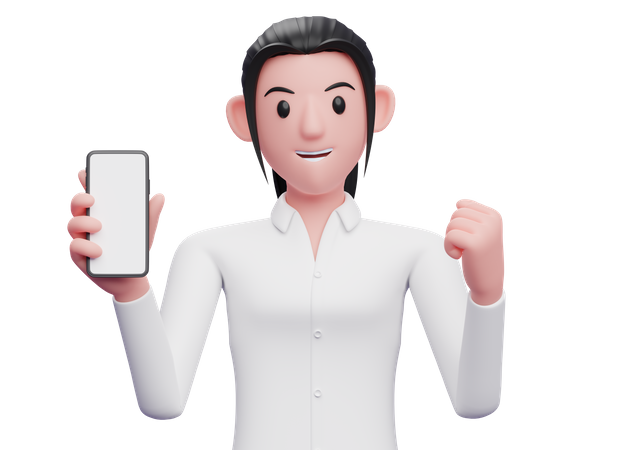 Business woman holding a cell phone while celebrating  3D Icon