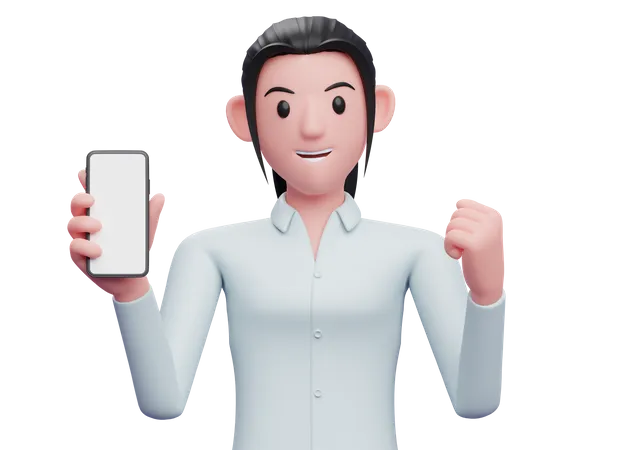 Business woman holding a cell phone while celebrating  3D Illustration