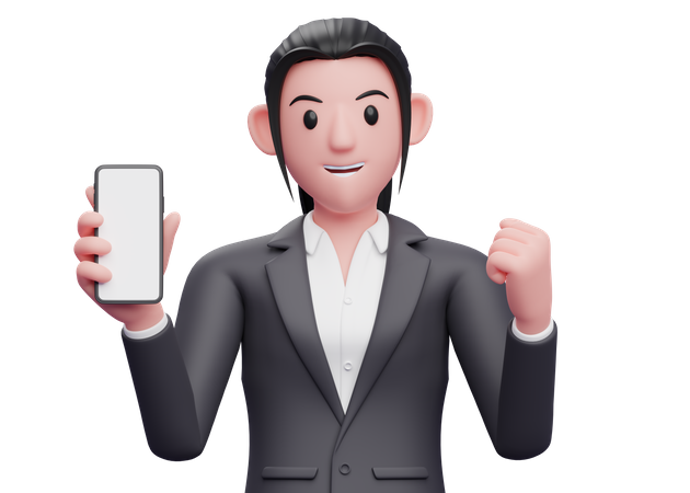 Business woman holding a cell phone while celebrating  3D Illustration