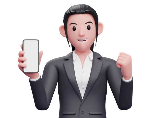 Business woman holding a cell phone while celebrating 3D Illustration
