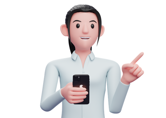 Business woman holding a cell phone while pointing to the side  3D Icon