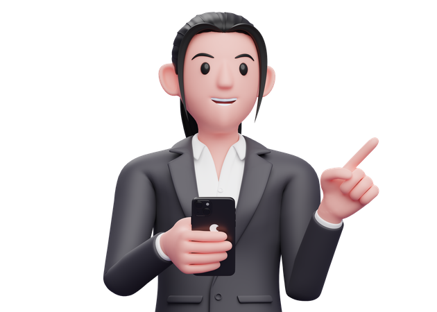 Business woman holding a cell phone while pointing to the side  3D Illustration