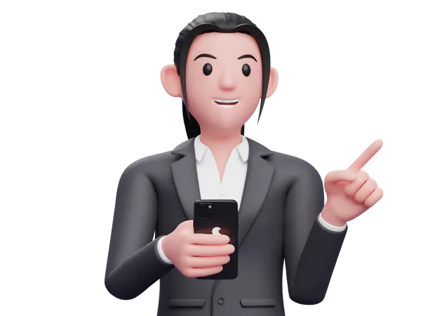 Business woman holding a cell phone while pointing to the side 3D Illustration