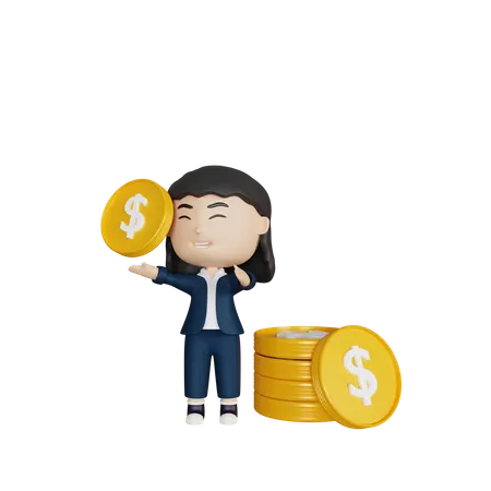 Business woman holding coin  3D Illustration
