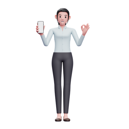 Business woman holding smartphone and showing ok finger  3D Icon