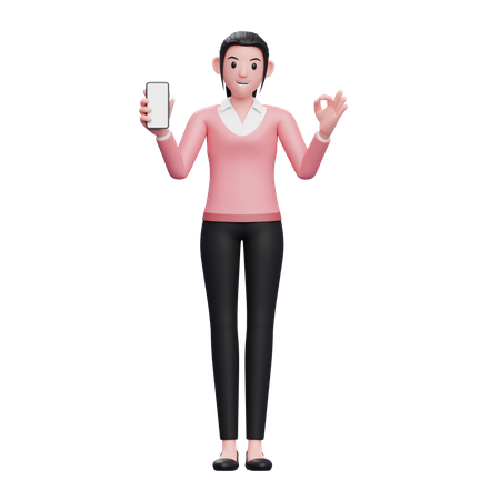 Business woman holding smartphone and showing ok finger  3D Illustration