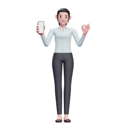 Business woman holding smartphone and showing ok finger  3D Illustration