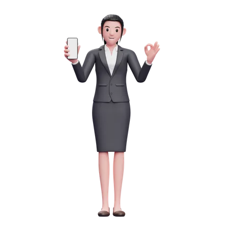 Business woman holding smartphone and showing ok finger  3D Illustration