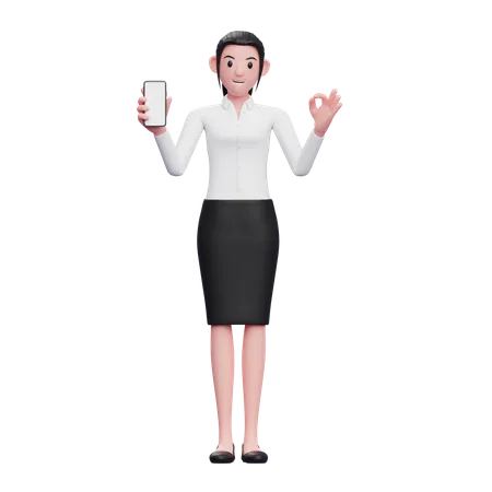 Business woman holding smartphone and showing ok finger  3D Illustration