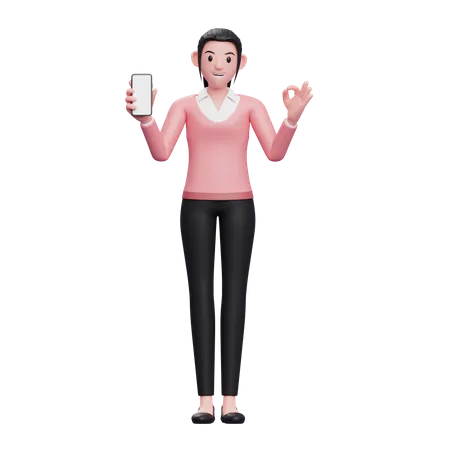 Business woman holding smartphone and showing ok finger  3D Illustration