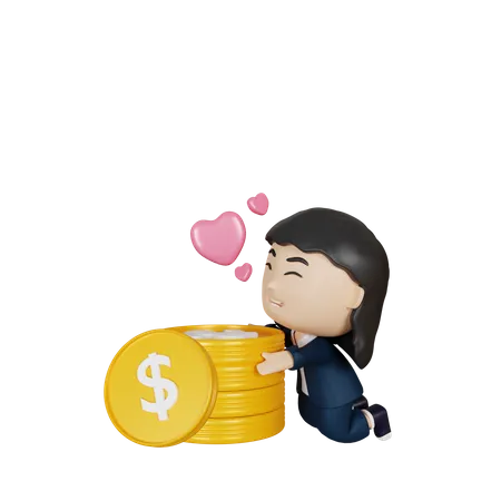 3 D Rendering Cute Businesswoman With Love Dollar Coins 3D Illustration