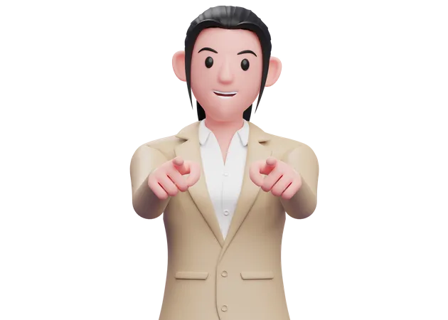 Business woman pointing at camera with both hands  3D Illustration