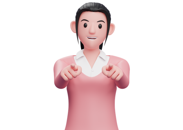 Business woman pointing at camera with both hands 3D Illustration