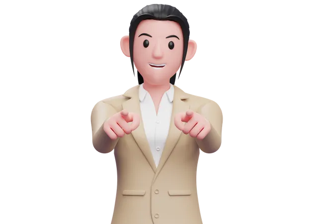 Business woman pointing at camera with both hands 3D Illustration