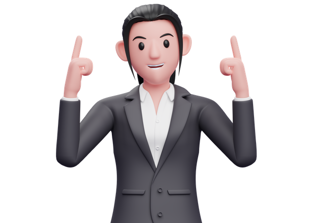 Business woman pointing both index fingers upwards  3D Icon