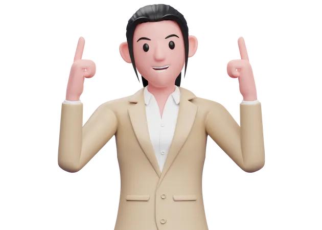 Business woman pointing both index fingers upwards  3D Illustration