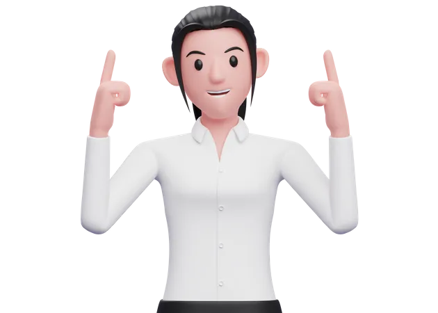 3 D Smart Business Woman Pointing Two Fingers Up Business Woman In White Shirt Character Illustration 3 D Rendering 3D Illustration