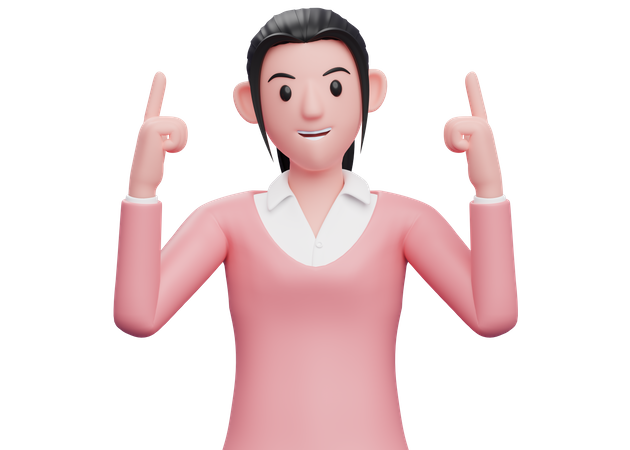 Business woman pointing both index fingers upwards 3D Illustration