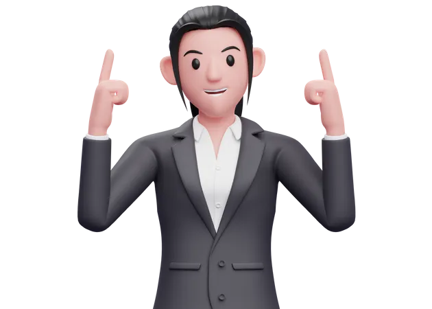 Business Woman In Formal Suit Pointing Two Fingers Up Business Woman In Formal Suit Pointing Illustration 3D Illustration
