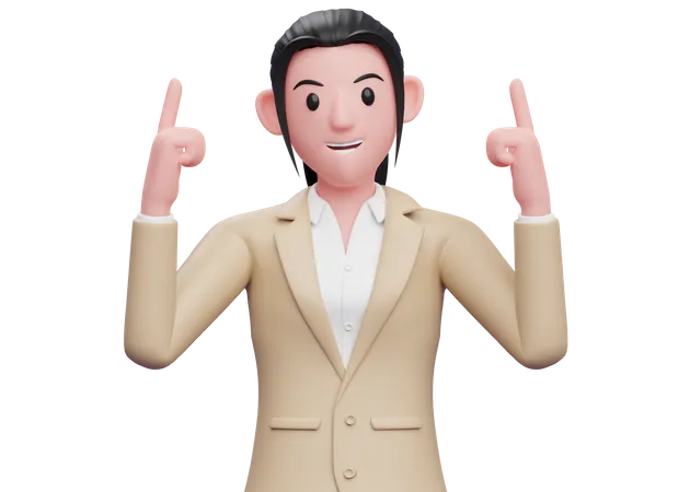Business Woman In Brown Suit Pointing Two Fingers Up 3 D Illustration Of A Business Woman In A Brown Suit Pointing 3D Illustration