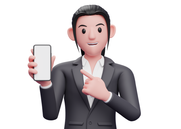 Business woman pointing cell phone in hand  3D Illustration