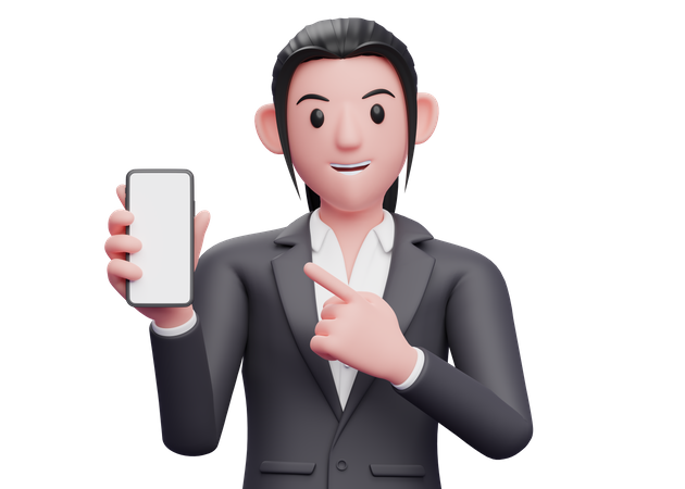 Business woman pointing cell phone in hand 3D Illustration