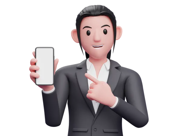 Business woman pointing cell phone in hand 3D Illustration