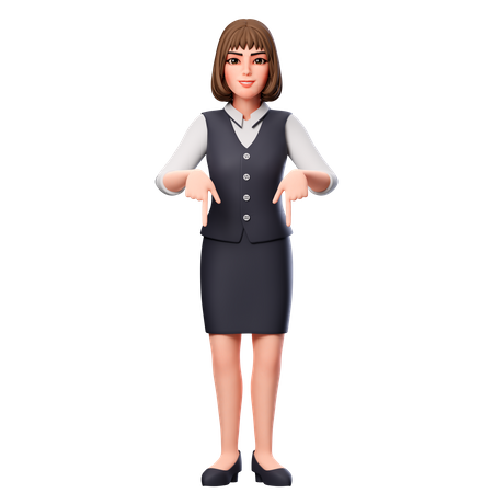 Business Woman Pointing Downwards Using Both Hands  3D Illustration