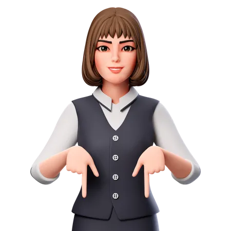 Business Woman Pointing Downwards Using Both Hands  3D Illustration