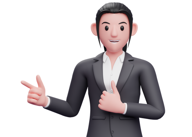 Business woman pointing finger left side and showing thumbs up  3D Icon