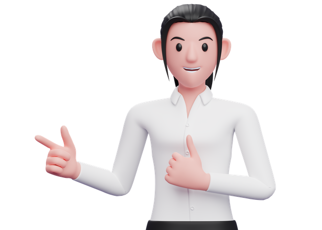 Business woman pointing finger left side and showing thumbs up  3D Illustration