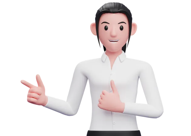 Business woman pointing finger left side and showing thumbs up  3D Illustration