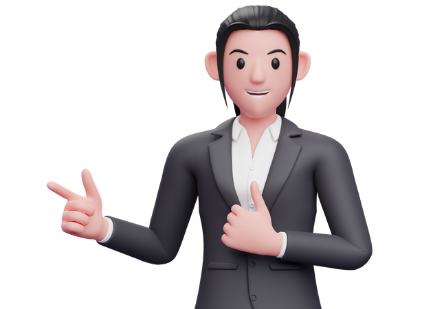 Business woman pointing finger left side and showing thumbs up  3D Illustration