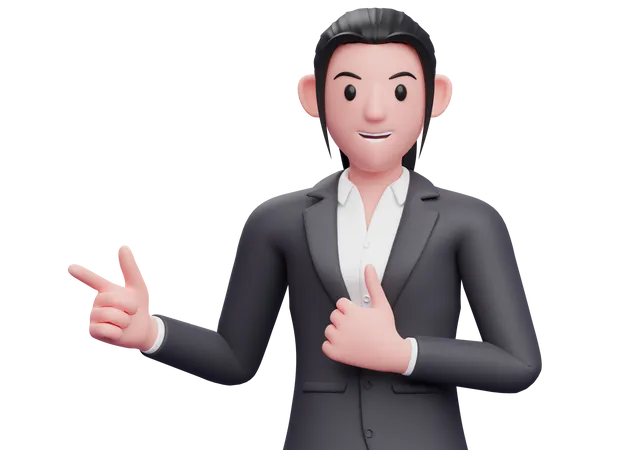 Business woman pointing finger left side and showing thumbs up  3D Illustration