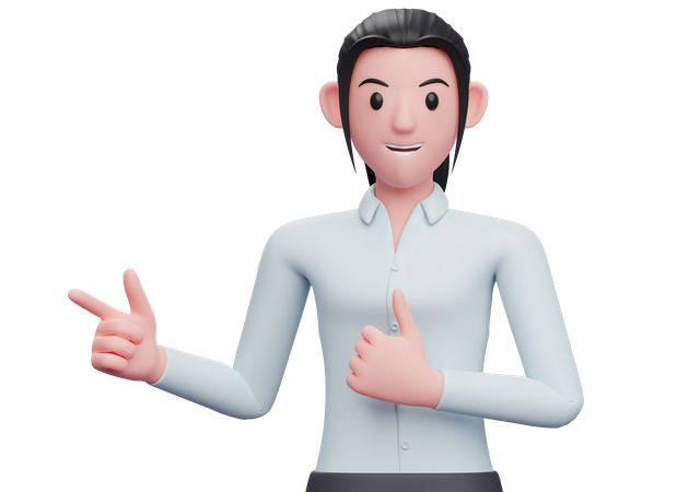 Business woman pointing finger left side and showing thumbs up  3D Illustration