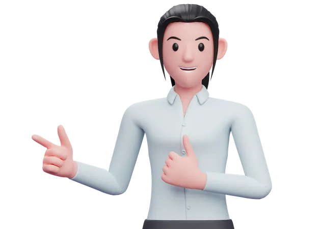 Business woman pointing finger left side and showing thumbs up  3D Illustration