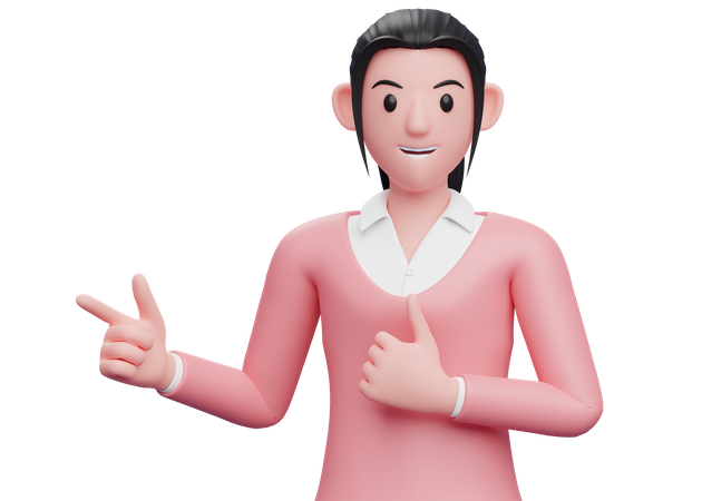 Business woman pointing finger left side and showing thumbs up  3D Illustration